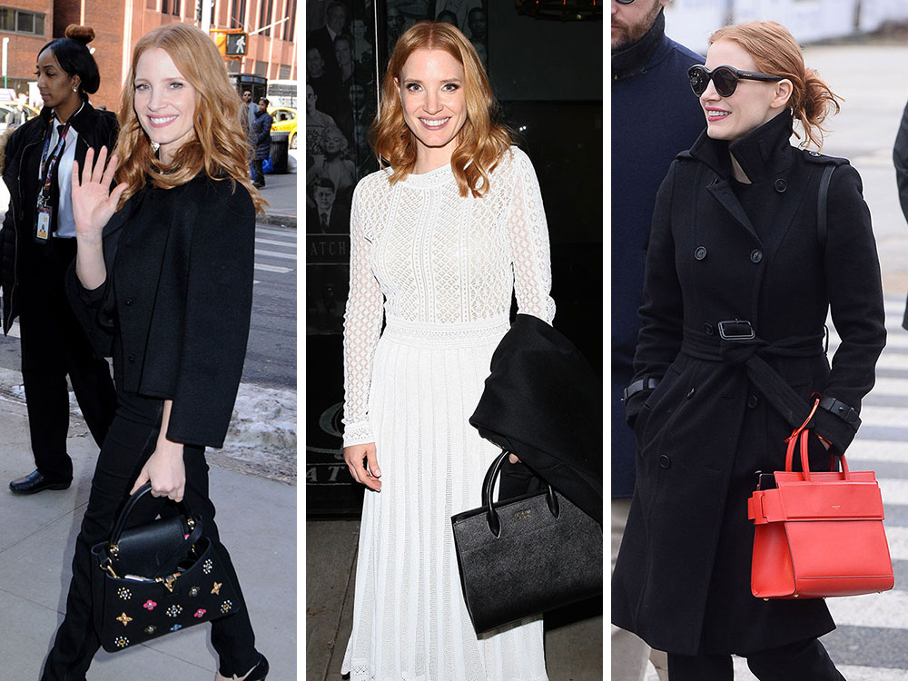 Jessica Chastain With Louis Vuitton's Capucines PM Bag in New York
