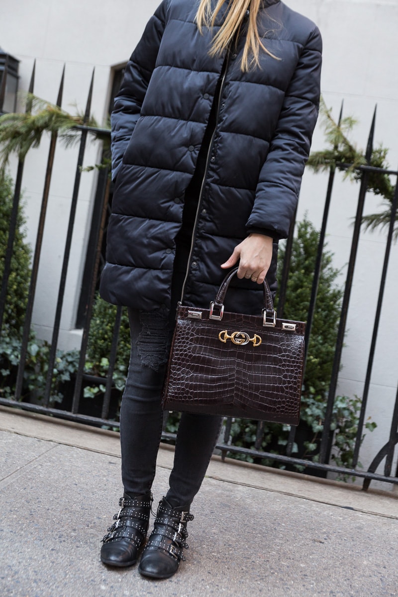 Gucci Grey Zumi Medium Top Handle Bag in Crocodile Effect in Grey