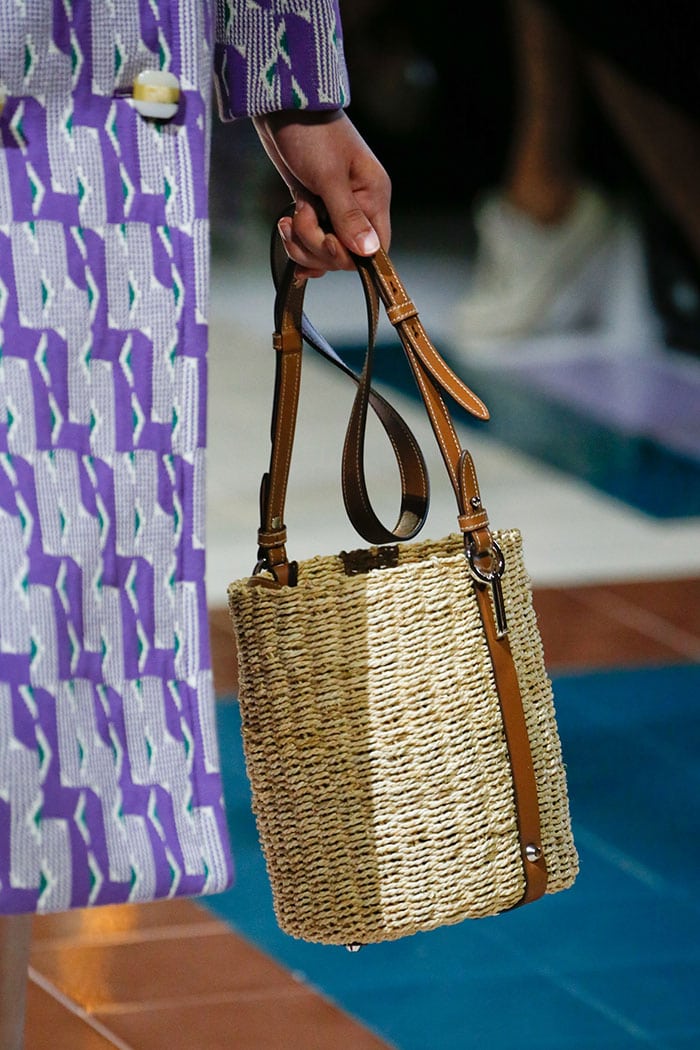 prada raffia bucket bag