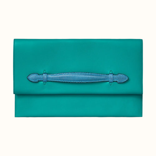 Pliplat Clutch in Blue Paon Swift with Mykonos Lizard Handle. Photo courtesy of Hermes.com.