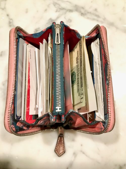 My VERY used Silk'In Wallet in Rose Confetti Epsom. Used daily for four years.