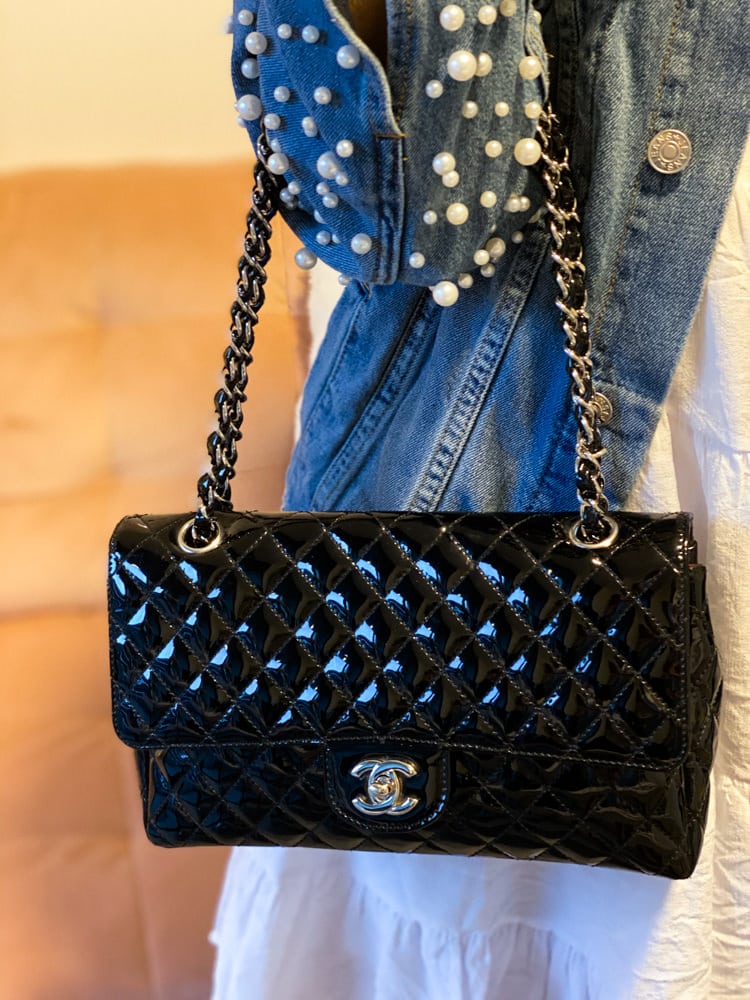 CHANEL Navy Quilted Patent Leather Accordion Flap Bag