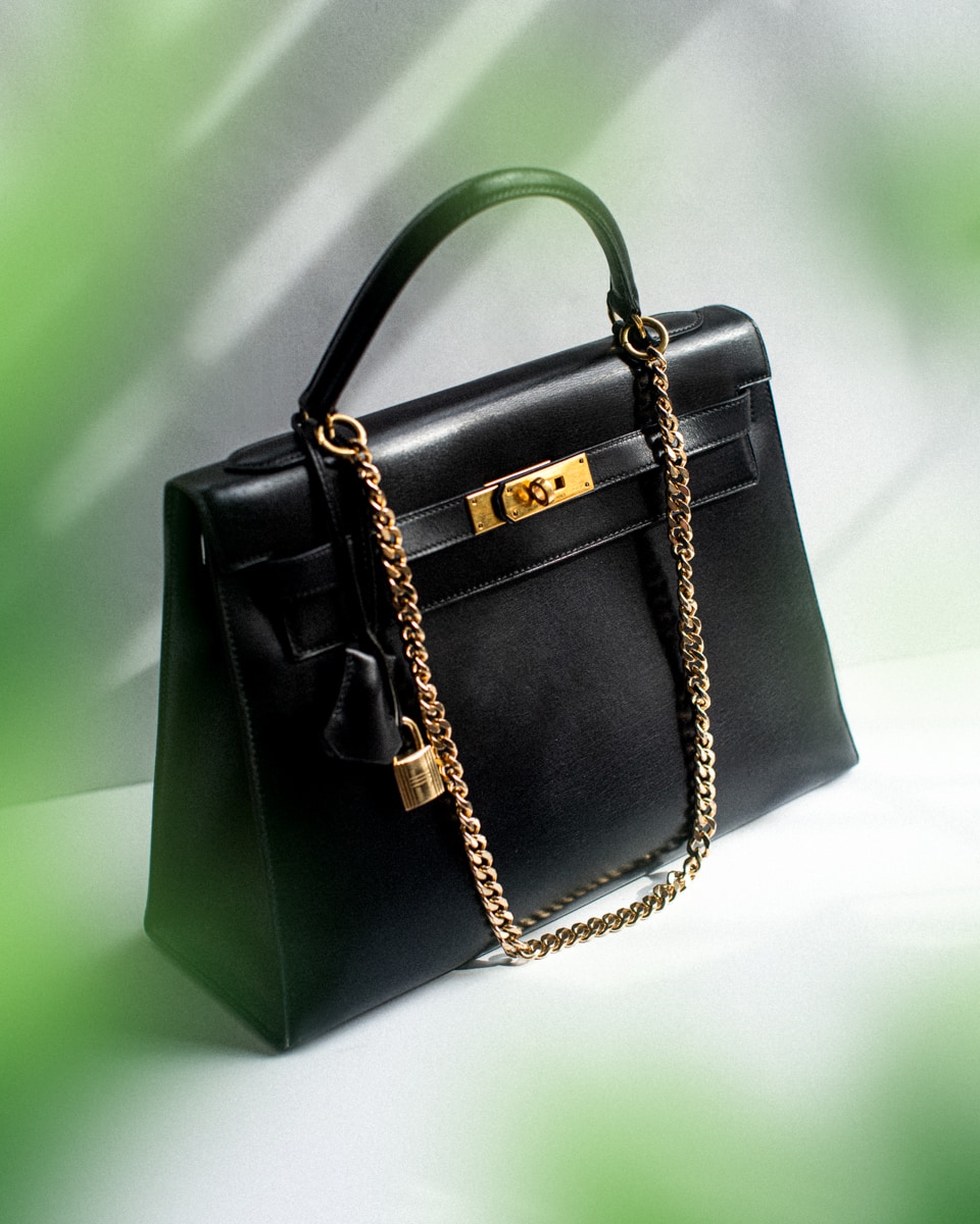 Hermes Kelly Chain Bag Box Leather Gold Hardware In Black