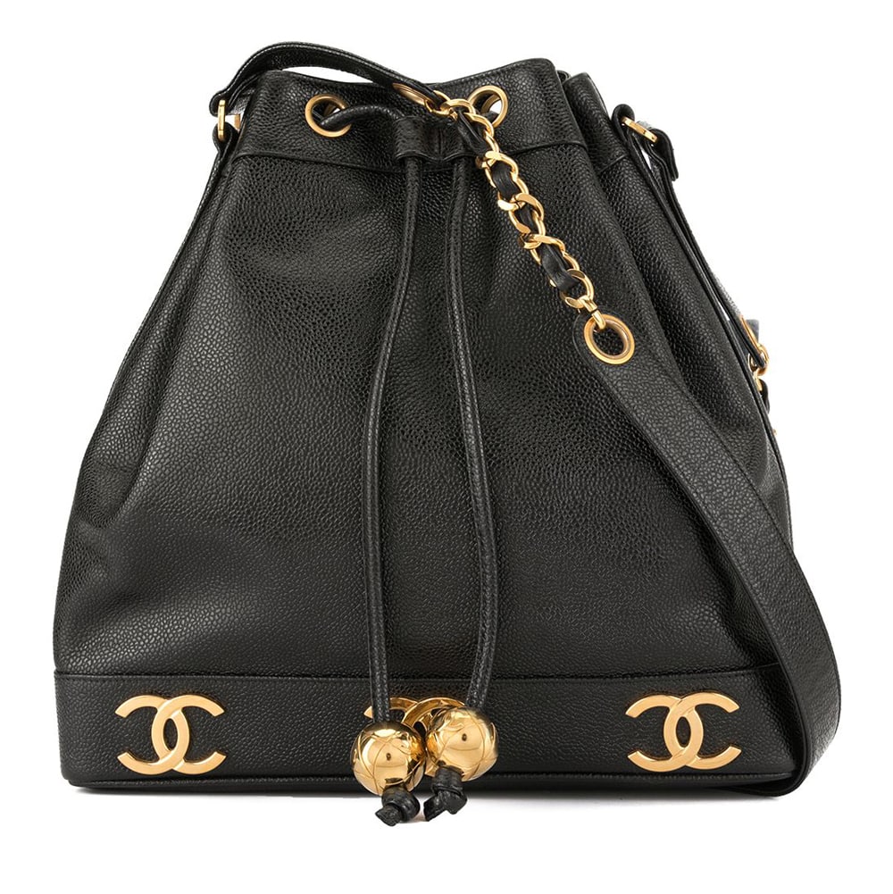 FULL SET CHANEL Classic Vintage Black Caviar Drawstring CC Gold Bucket Bag  Pouch - My Dreamz Closet