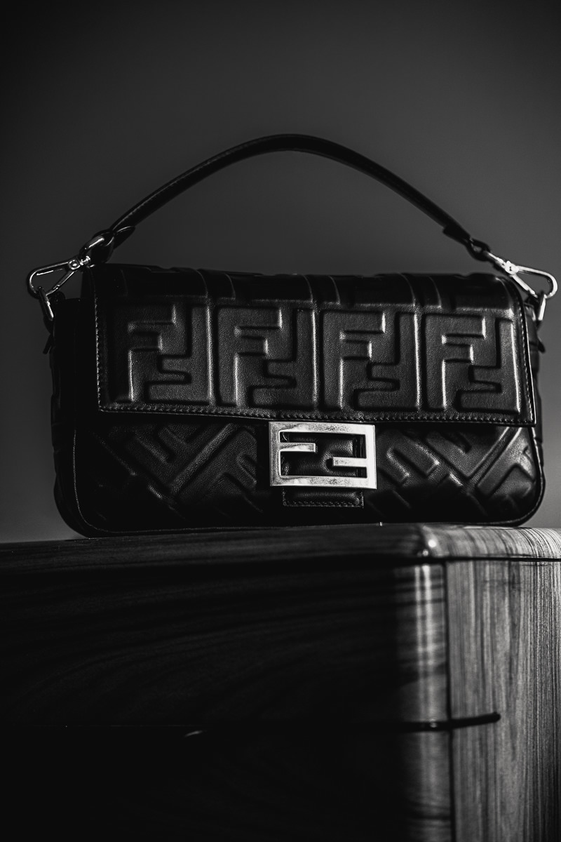 FENDI Baguette Mini Lambskin Leather Chain Shoulder Bag Black