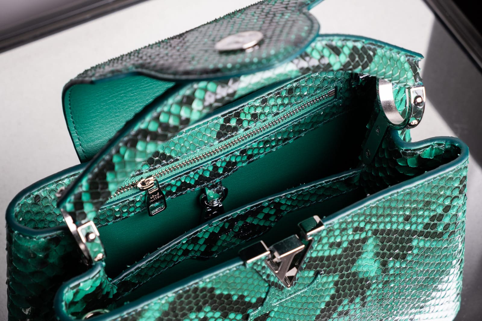 Louis Vuitton Emeraude Green Leather and Python Skin Capucines