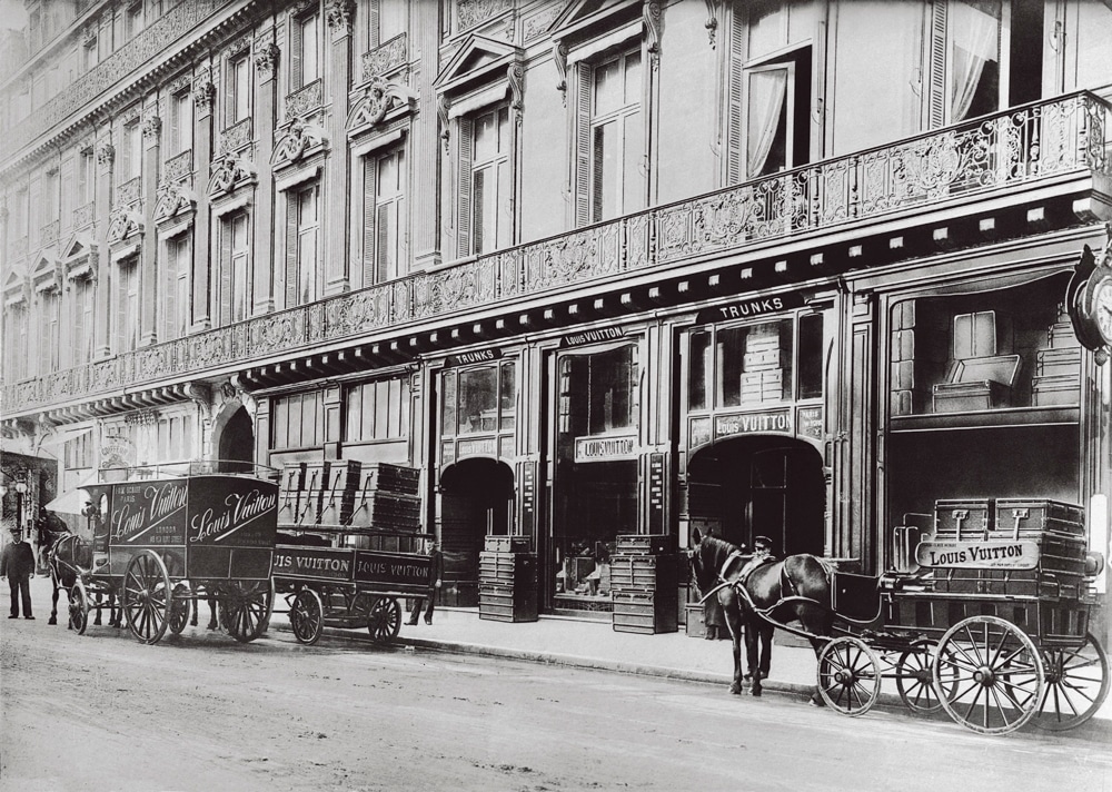 19th century poster advertising Louis Vuitton's flagship at 1 Rue Scribe  and its London location on Chari…