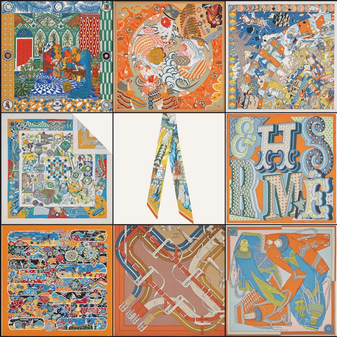 Top Row: La Danse des Amazones shawl 140, Duo Cosmique scarf 90, L'Epopee d'Hermes Detail scarf 70. Middle Row: De l'Ombrelle aux Duels double face scarf 90, Danse Pacifique twilly, Hermes Electrique scarf 45. Bottom Rpw: Bingata shawl 140. Mors a Jouets Chemise Detail wash scarf 90, Zouaves et Dragons wash scarf 90. Photos via Hermes.com