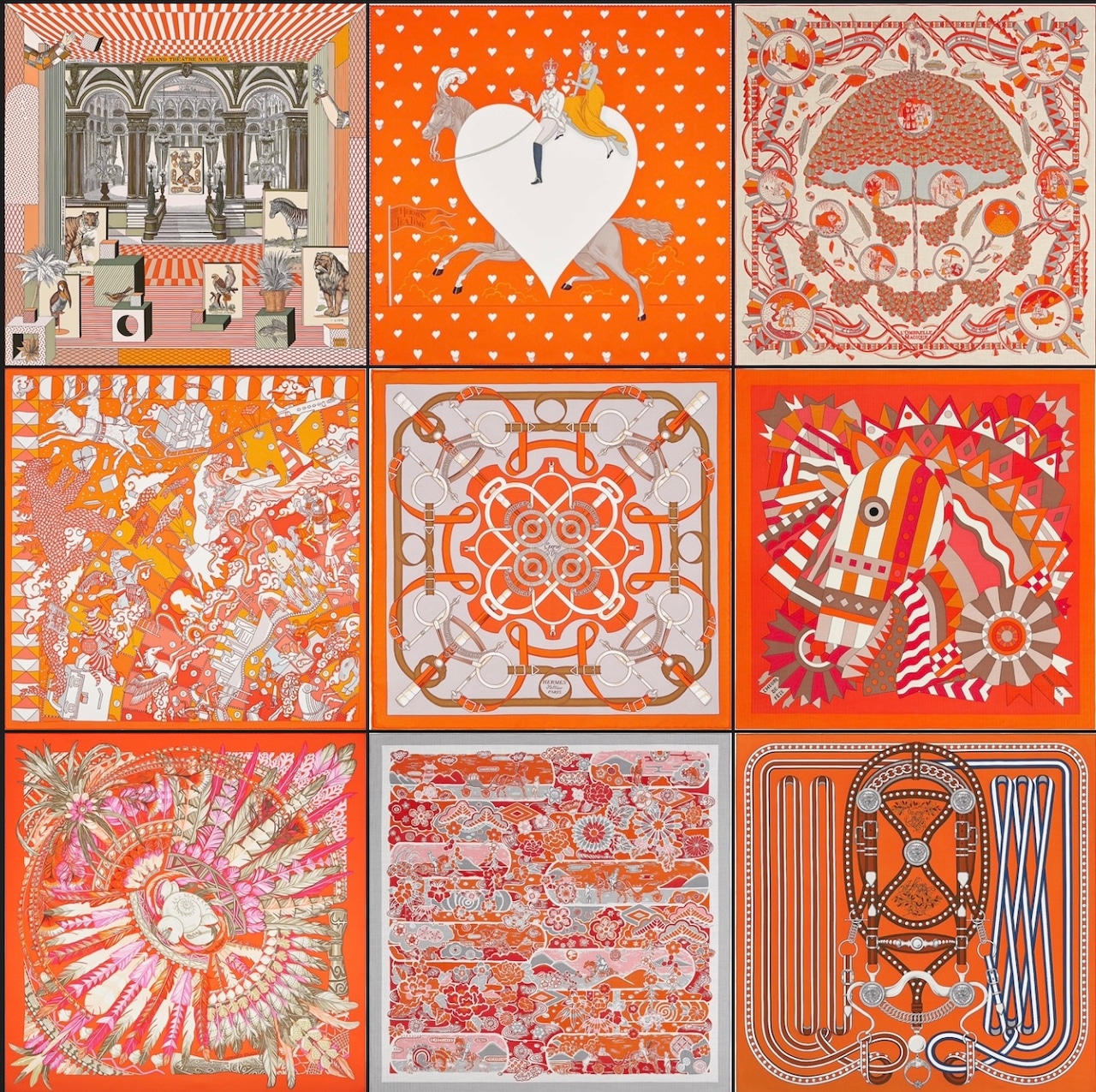 Top Row: Grand Theatre Nouveau scarf 90, Tea Time scarf 70, L'Ombrelle Magique shawl 140. Middle Row: L'Epopee d'Hermes Detail scarf 70, Eperon d'Or shawl 140, Cheval de Fete shawl 140. Bottom Row: Danse Pacifique scarf 90, Bingata shawl 140, Grand Tralala scarf 90. Photos via Hermes.com