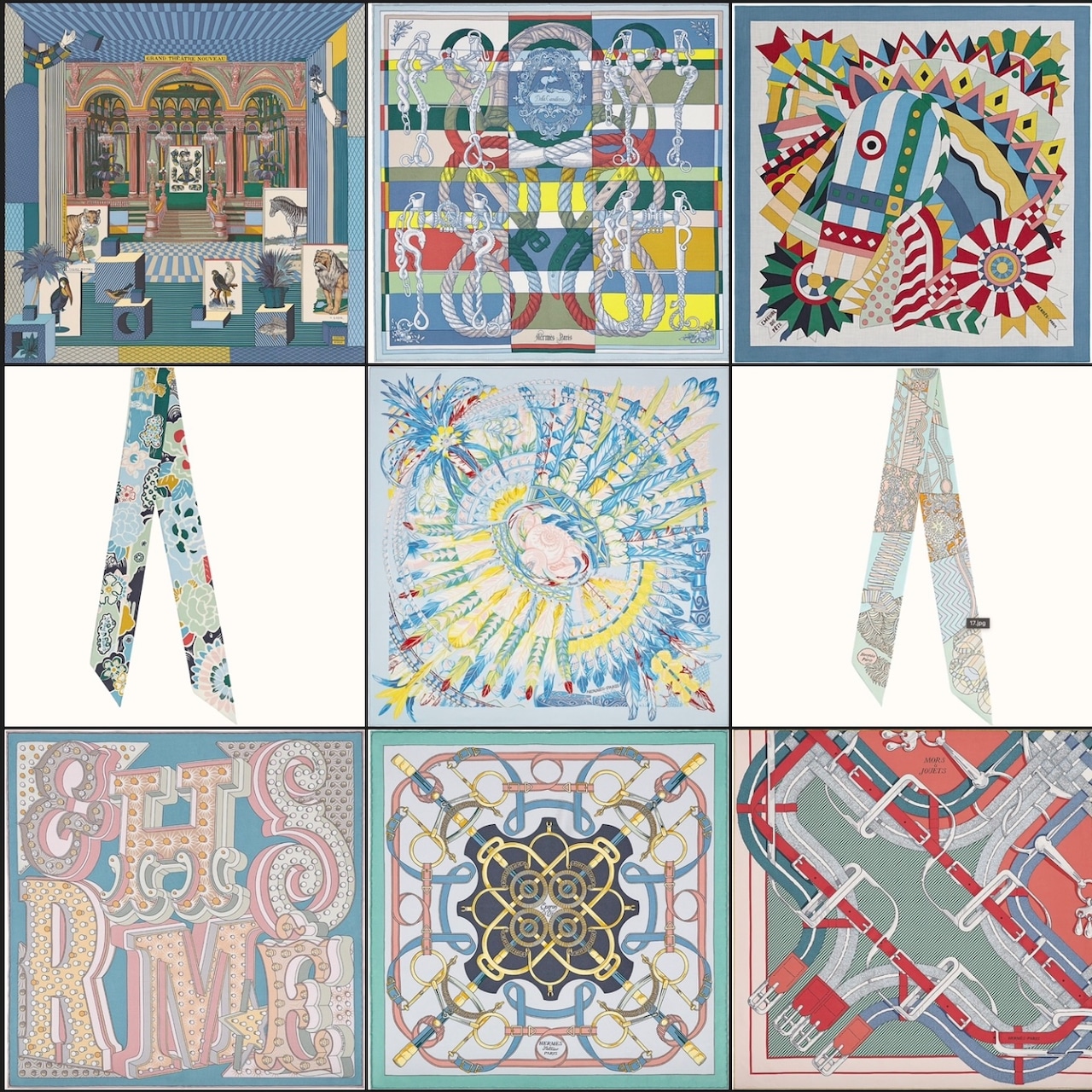 Top Row: Grand Theatre Nouveau scarf 90, Della Cavalleria scarf 45, Cheval de Fete shawl 140. Middle Row: Bingata twilly, Danse Pacifique scarf 90, De l'Ombrelle aux Duels twilly. Bottom Row: Hermes Electrique scarf 45, Eperon d'Or shawl 140, Mors a Jouets Chemise Detail wash scarf 90. Photos via Hermes.com