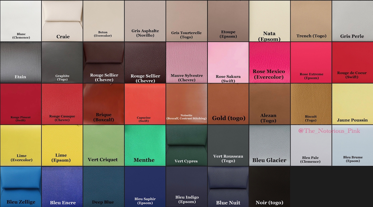 Exterior Colors for Hermès SO 2021-2022. NOTE that the leather stated indicates the leather of the swatch, not the leather offered. Compiled by @The_Notorious_Pink