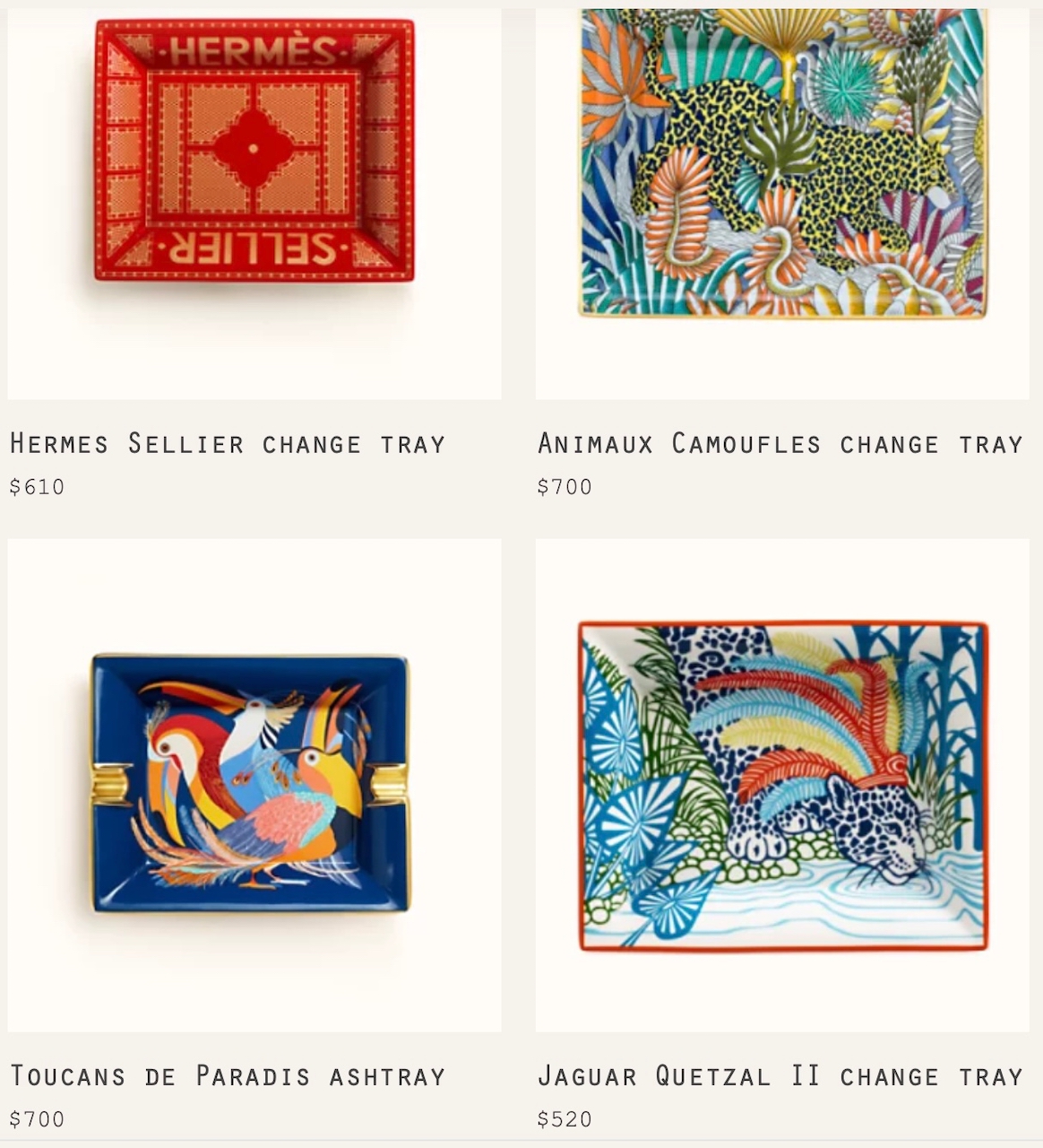 Various Porcelain Change Trays and Ash Trays. Photo via Hermes.com