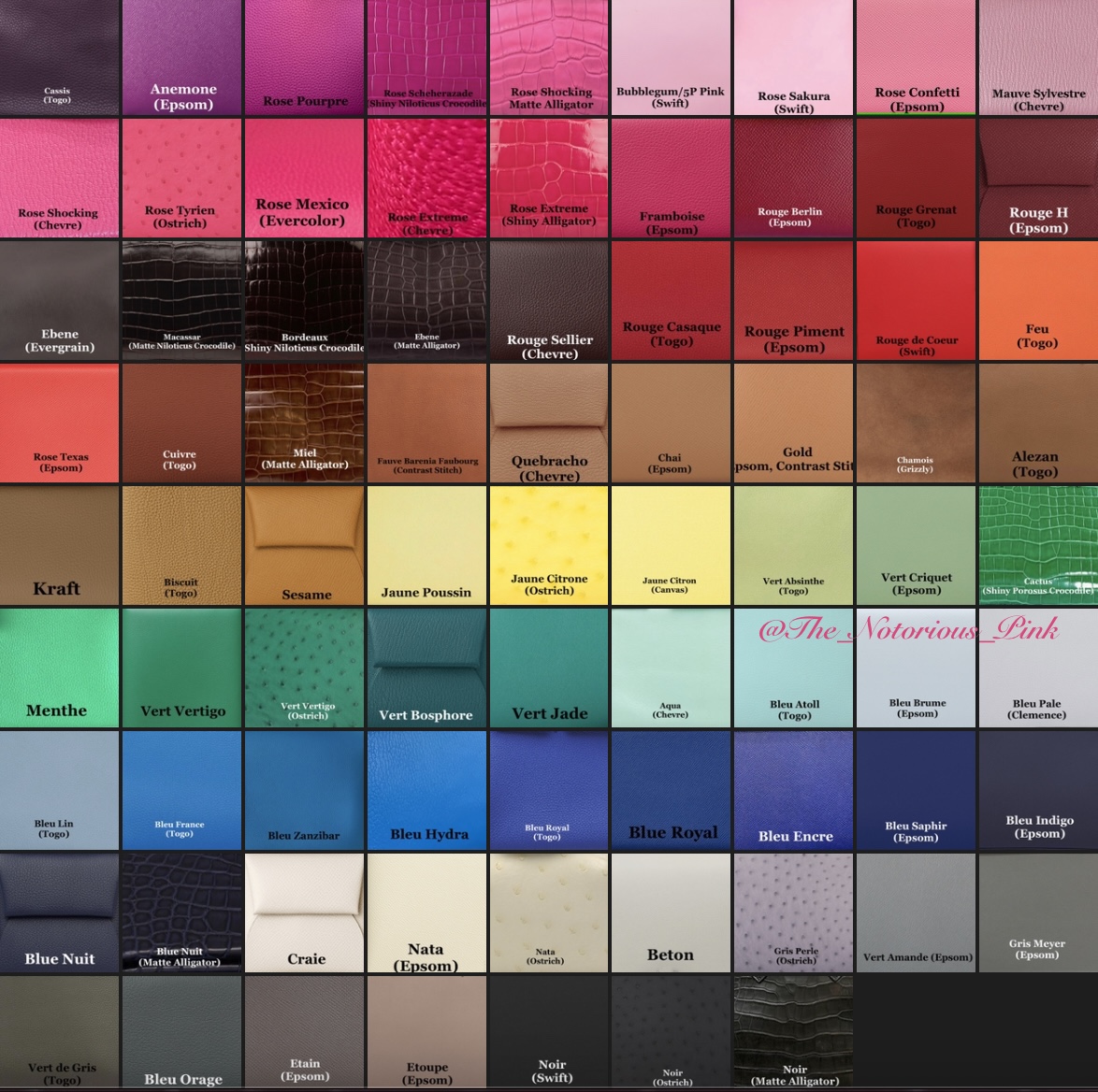 The range of leather colors currently being offered this season. Via @The_Notorious_Pink.