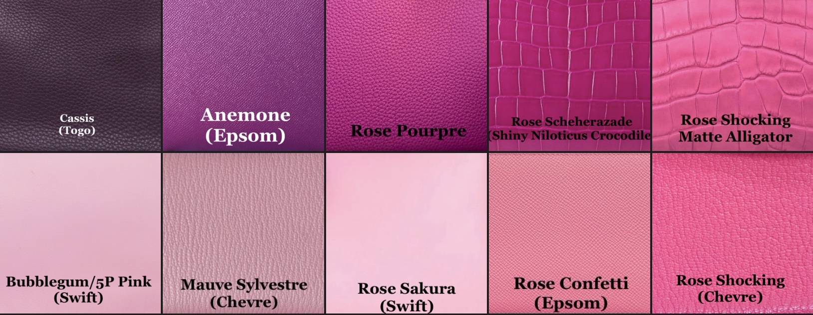 The purple-pink range of leather colors being offered by Hermès for Spring-Summer 2022. Via @The_Notorious_Pink.