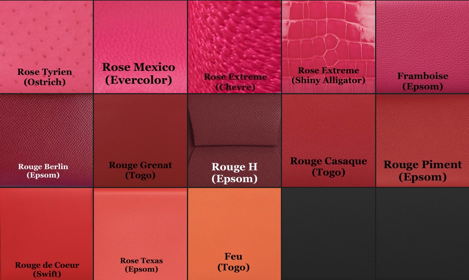 The bright pink-red range of leather colors being offered by Hermès for Spring-Summer 2022. Via @The_Notorious_Pink.