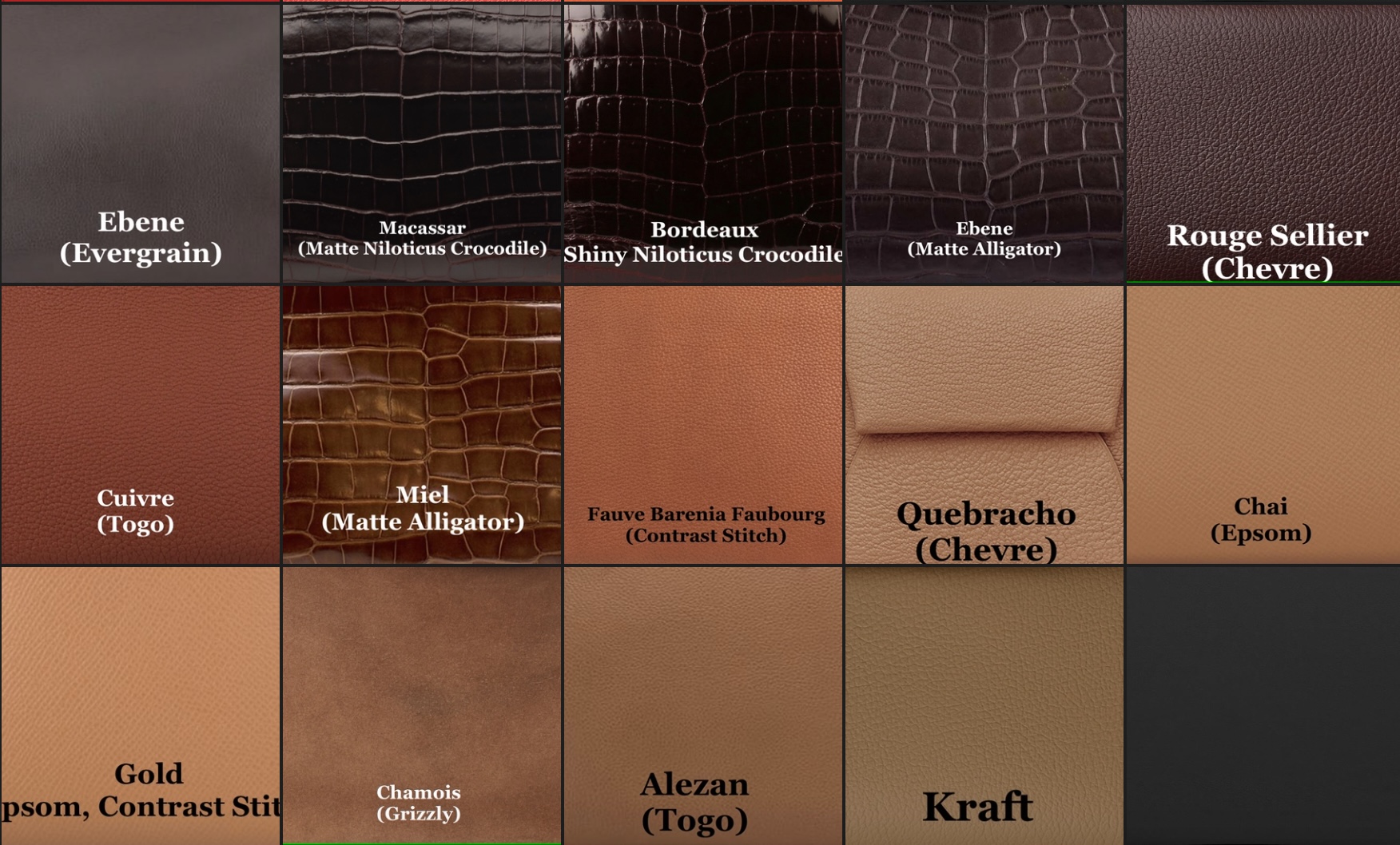 The brown-tan range of leather colors being offered by Hermès for Spring-Summer 2022. Via @The_Notorious_Pink.