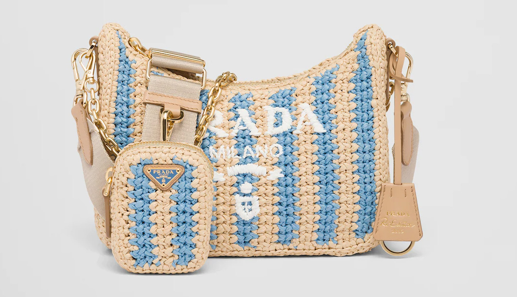 Prada Logo Striped Raffia Shoulder Bag