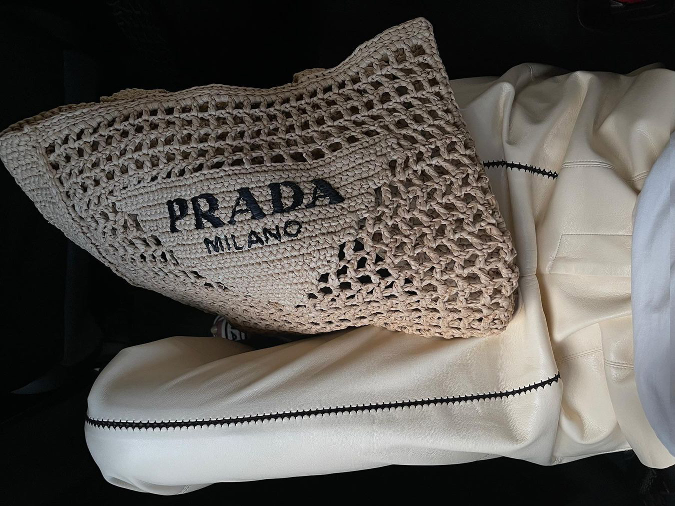 Prada white raffia tote