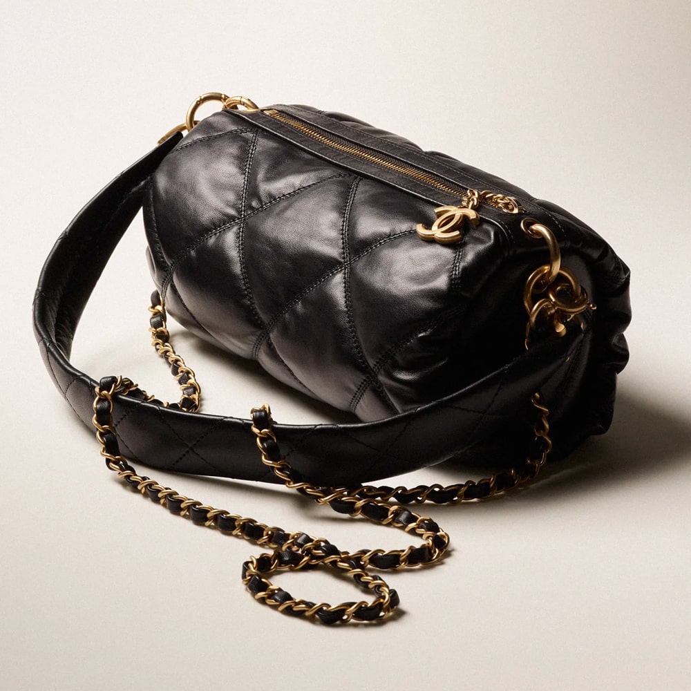 Chanel Mini Bowling Bag with Chain Lambskin Black Brushed GHW (Microch