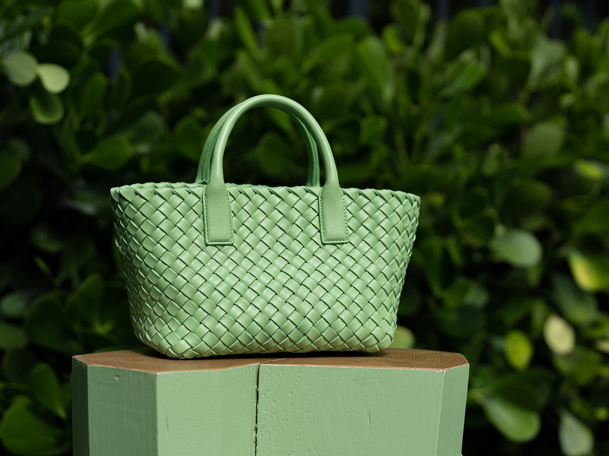 Green Cabat mini Intrecciato-leather top-handle bag, Bottega Veneta