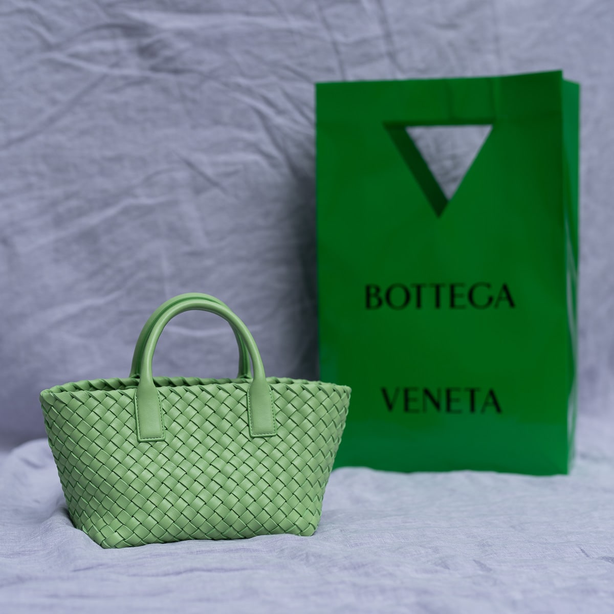 Green Cabat mini Intrecciato-leather top-handle bag, Bottega Veneta