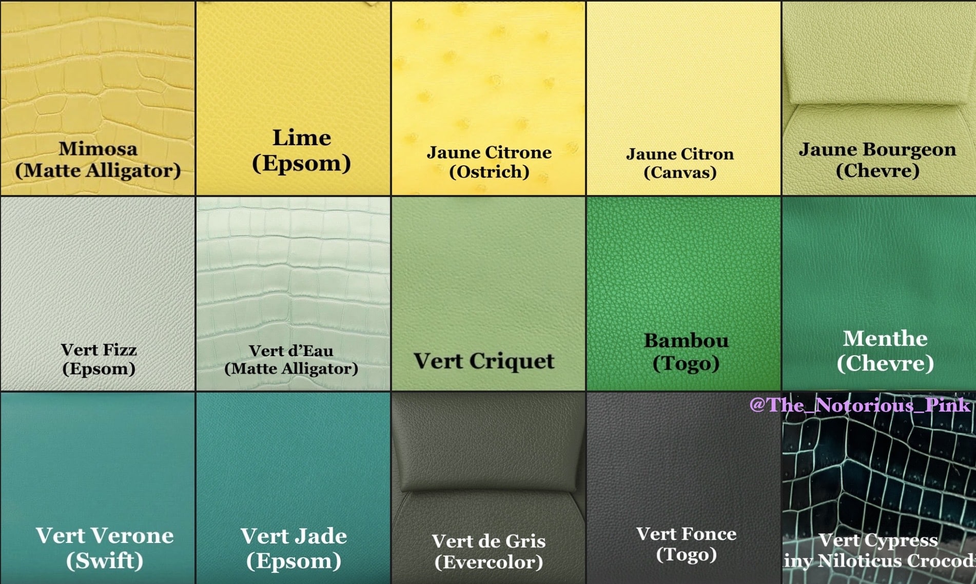 The Yellow and Green range of leather colors being offered by Hermès for Autumn-Winter 2022. Via @The_Notorious_Pink.