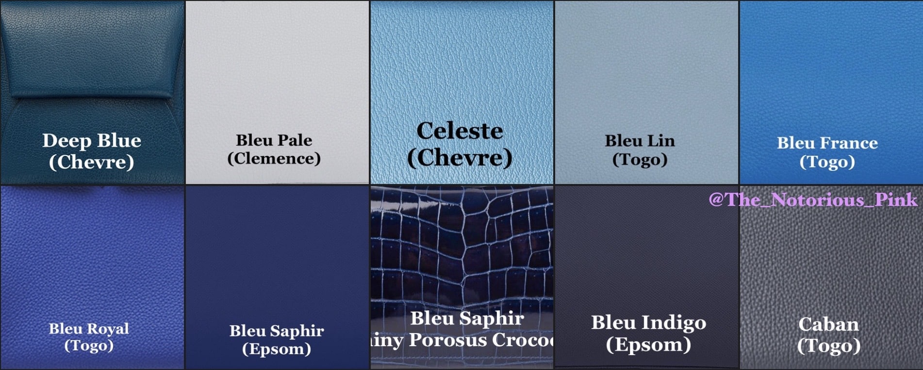 The Blue range of leather colors being offered by Hermès for Autumn-Winter 2022. Via @The_Notorious_Pink.