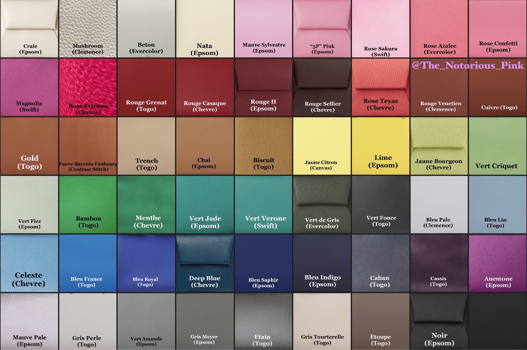 The range of leather colors currently being offered this season. Via @The_Notorious_Pink.