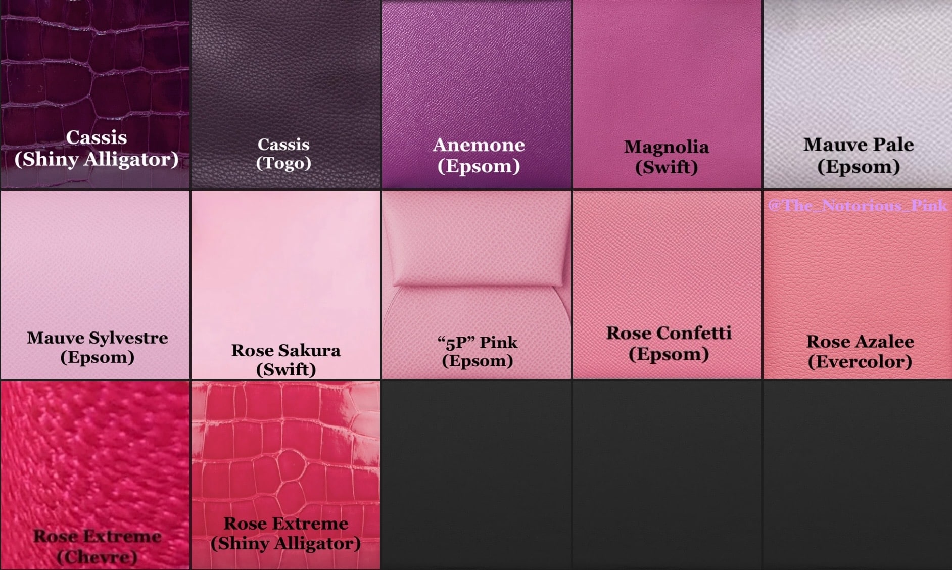 The purple-pink range of leather colors being offered by Hermès for Autumn-Winter 2022. Via @The_Notorious_Pink.