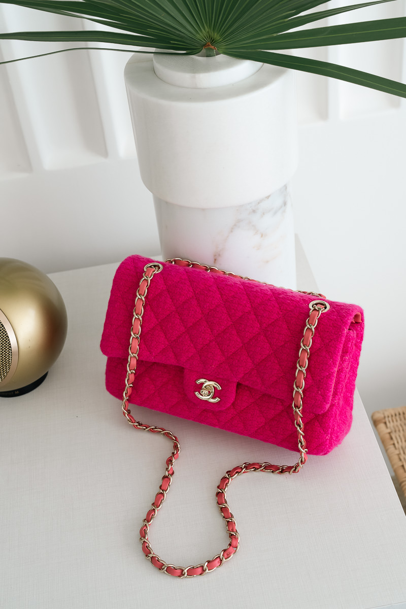 chanel pink tweed bag