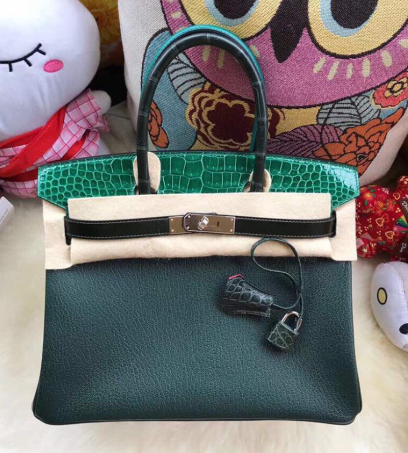 HERMES Togo Shiny Niloticus Crocodile Birkin Touch 30 Vert