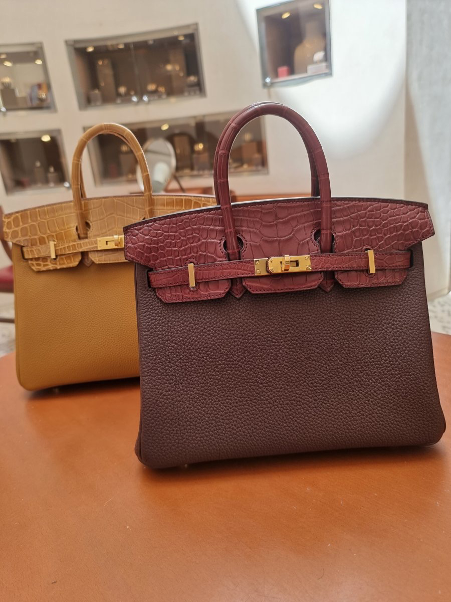 30cm Birkins in Caramel and Tabac Camel, and Rouge Sellier and Bourgogne, both with GHW, from May 2021. Photo via TPFer @A.Ali.