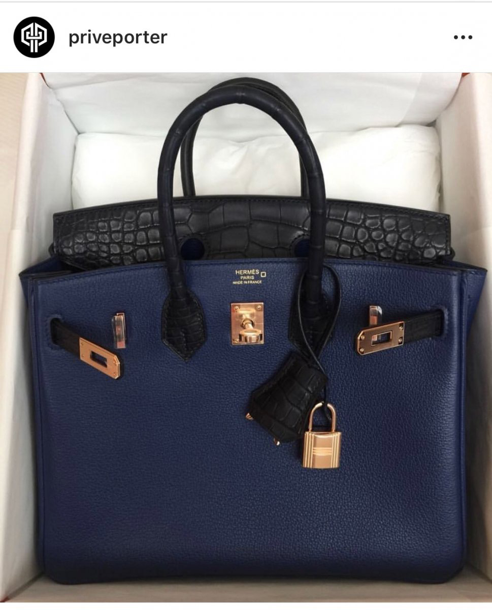 A 30cm Birkin in Bleu Saphir Novillo and Noir Matte Gator with RGHW from September 2018. Photo via Prive Porter.