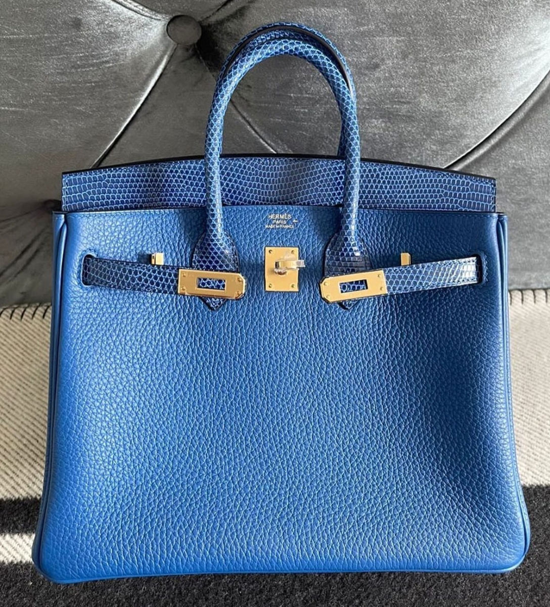 A 30cm Birkins in Bleu Royale Togo and Bleu Sapphir Lizard with GHW from July 2022. Photo courtesy of TPFer @A.Ali.