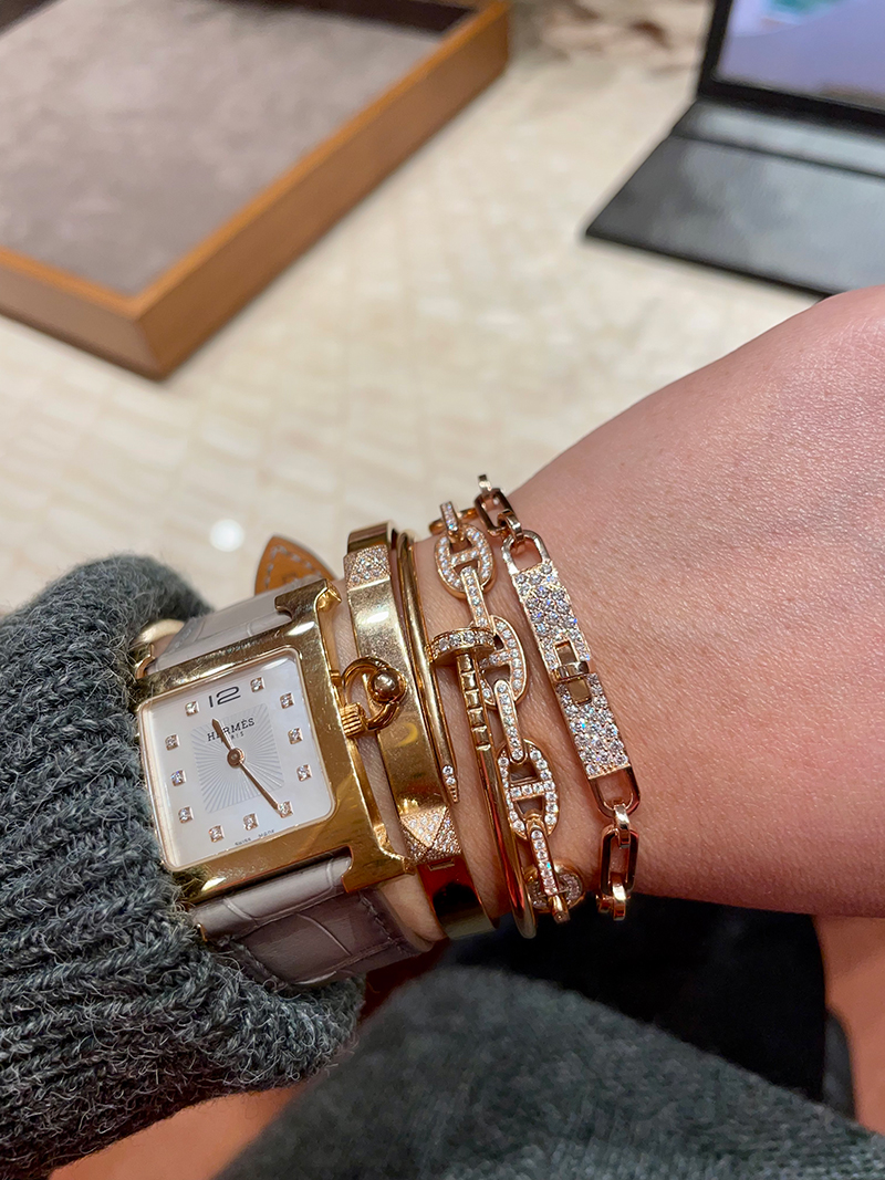 Rose Gold and Diamond Kelly Chaine and Collier de Chien Bracelets stacked with a Cartier Rose Gold Juste un Clou Bracelet and and Hermès Rose Gold and Diamond Chaine d'Ancre Enchainee Bracelet. Photo courtesy of TPFer @Carlinha.