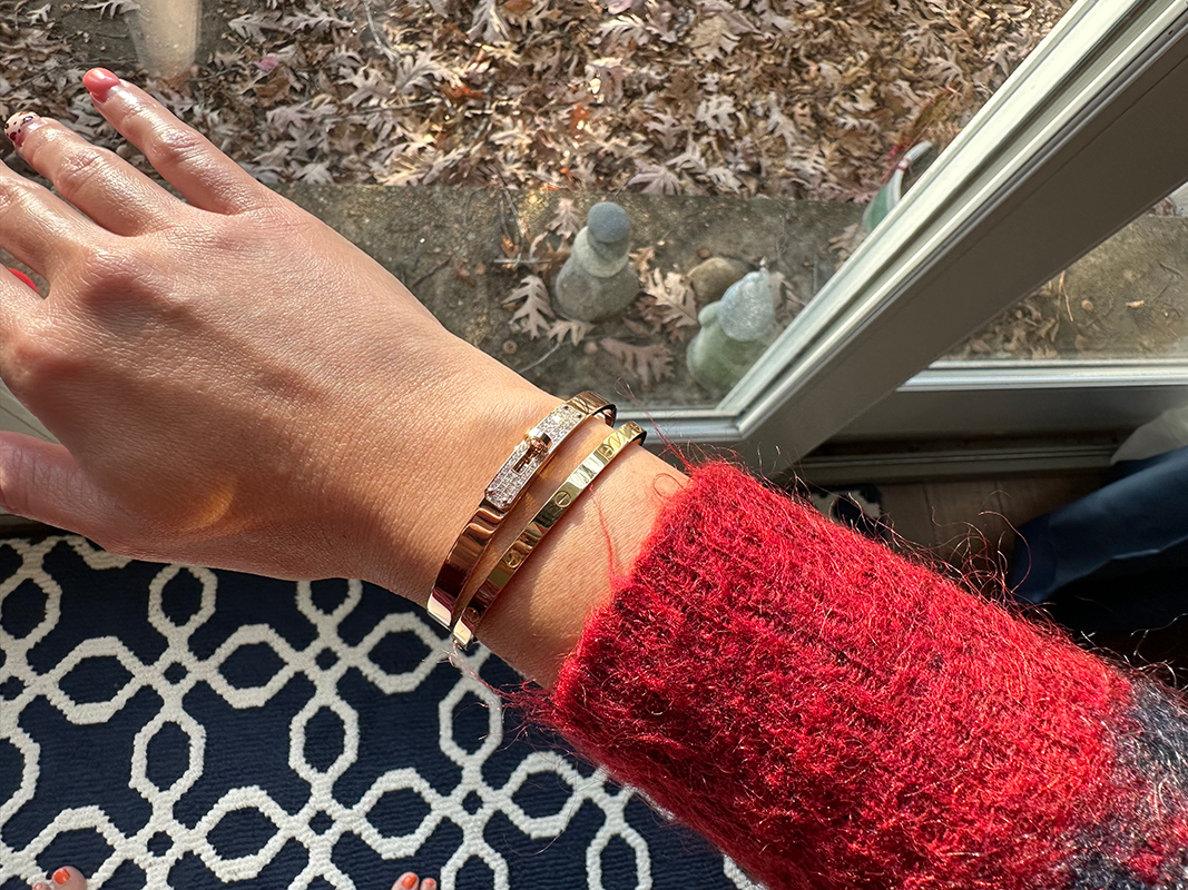 A Rose Gold and Diamond Kelly Bracelet stacked with a Rose Gold Cartier Thin Love Bracelet. Photo via TPFer @Lishukha.