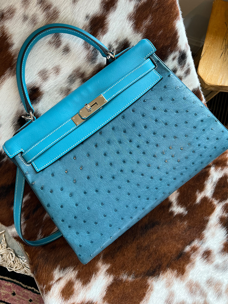 A Tri-Leather 32cm Kelly in Cobalt Clemence, Turquoise Swift and ostrich from 2013. Photo courtesy of TPFer @EtoupeBirkin.