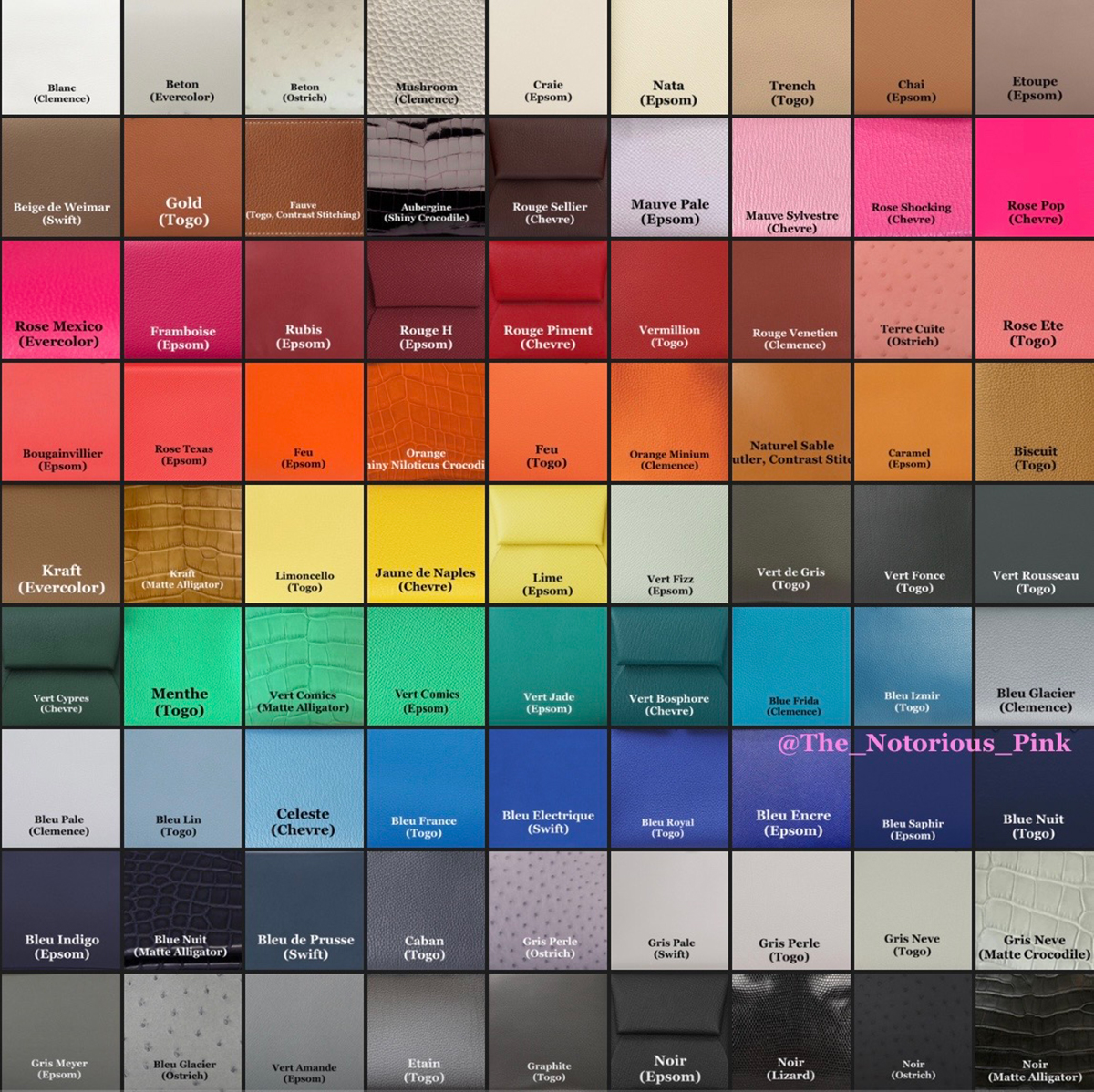 A wide variety of colors should be available for Hermès Spring Summer 2023. NOTE that except for exotics, the type of leather in the swatch only refers to the swatch, NOT general availability.