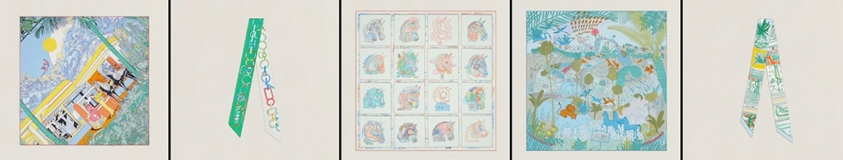 Rendez-Vous Galant 70cm cw 08, Do Re Boucles twilly cw 06, Chevaloscope 90cm cw06, Le Carnaval des Animaux 90cm cw03, Rayures d’Ete twilly cw 08, courtesy of Hermes.com