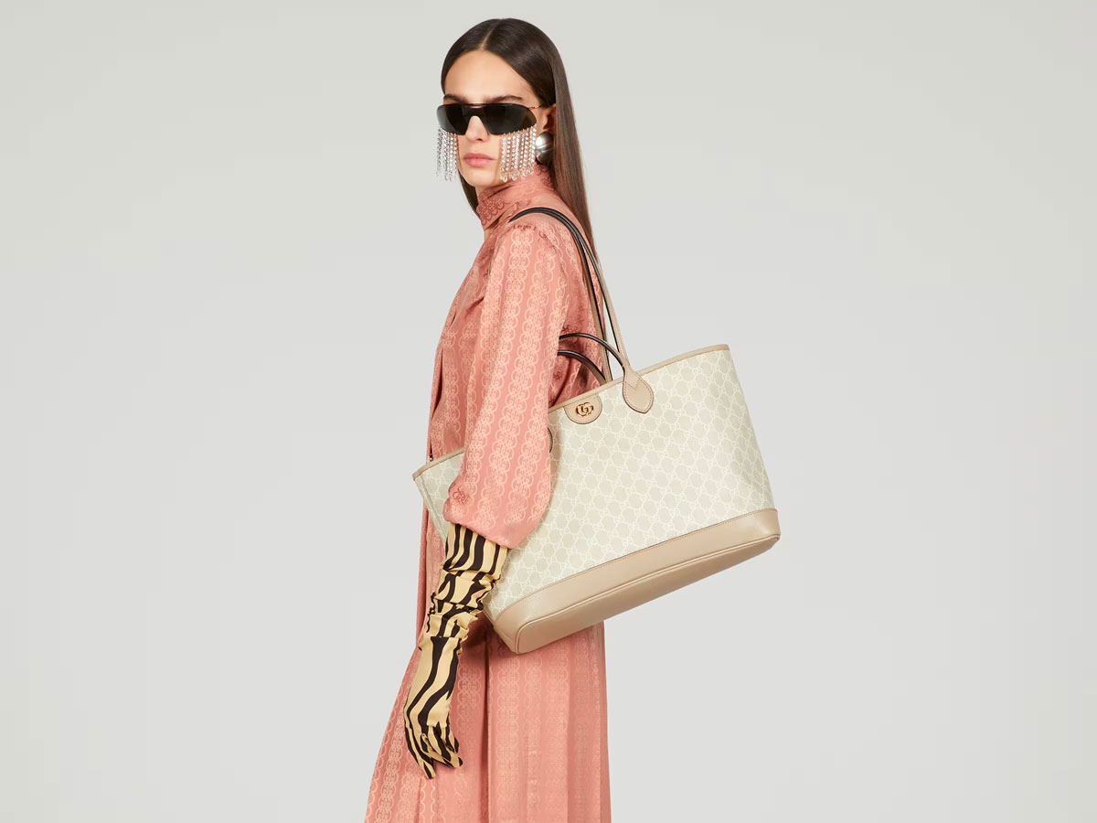 GUCCI Monogram Large Original Tote Tan With Pouch, Like Neverfull