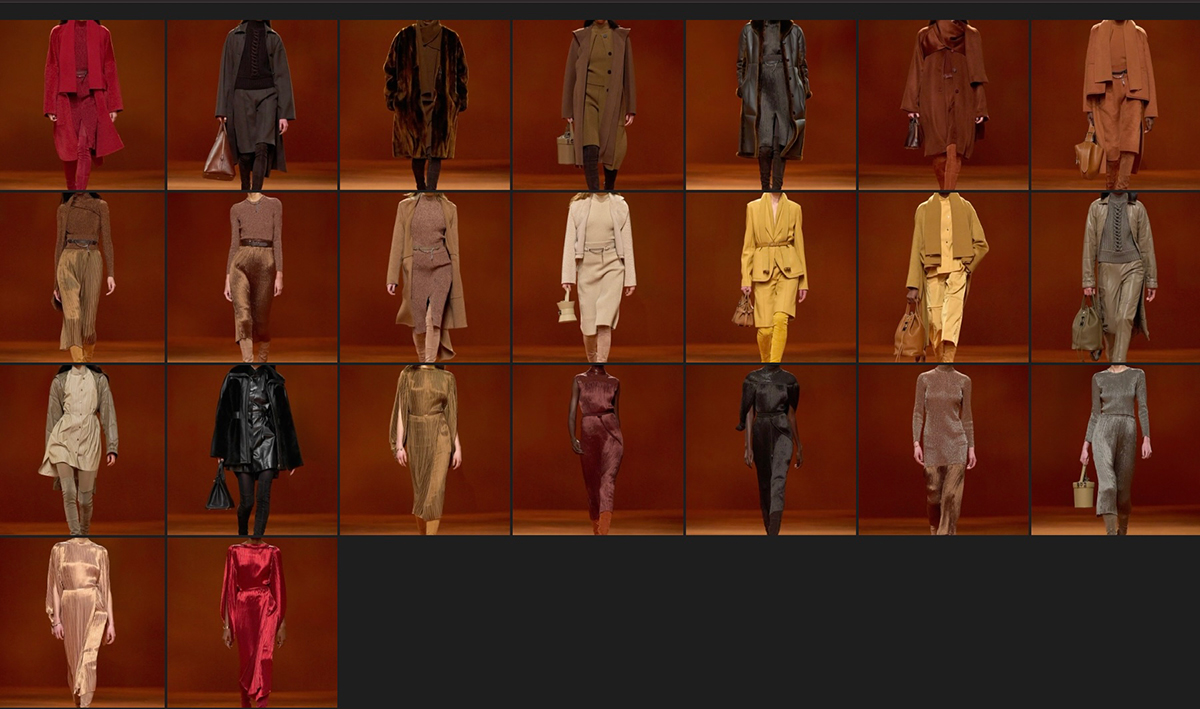 These outfits represent the colors of Hermès Autumn-Winter 2023 Womens Runway. Photos via Vogue.com