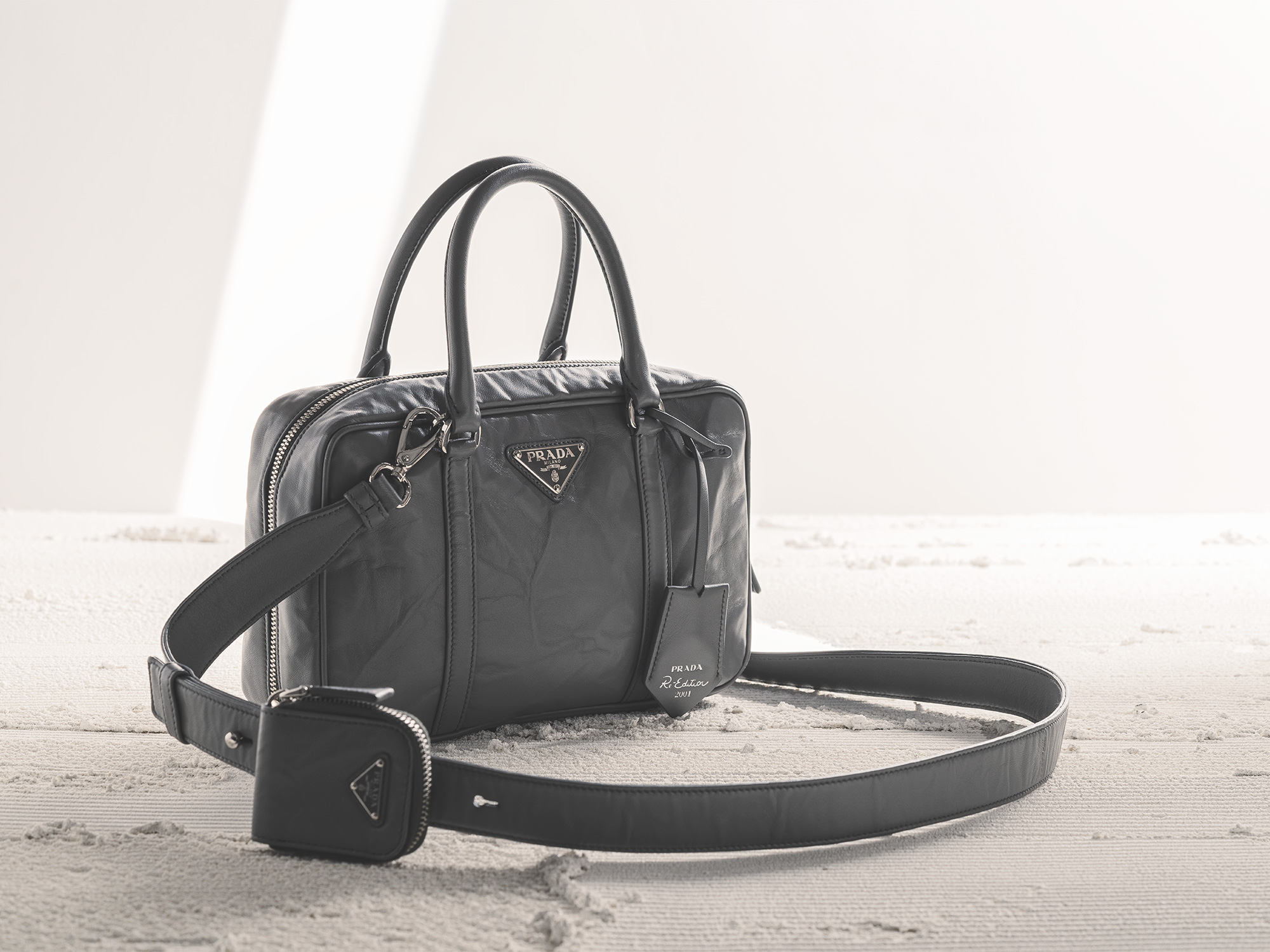 Slate/black Prada Double Saffiano Leather Mini Bag