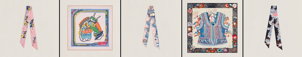 Space Derby twilly cw 06, Chevaloscope Neon Pointille Scarf 70cm cw 04, Hermès Space Odyssey twilly cw 04, Costume de Fete 90cm cw 05, Hermès Space Odyssey twilly cw 03, courtesy of Hermes.com