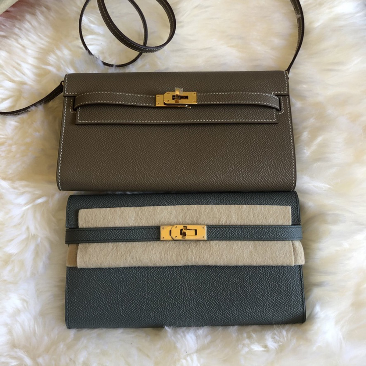 The Kelly To Go (here, in Etoupe) is slightly larger than the Kelly Wallet (Vert Amande). Photo via TPFer @momoc.