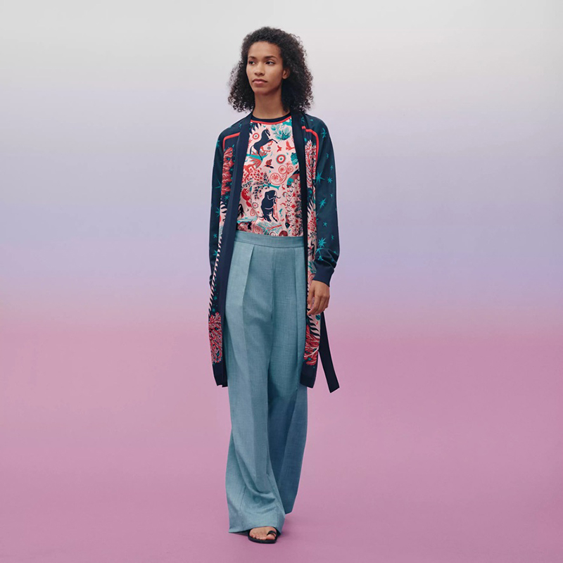 "Sous le Charme d'Orphee" long twillaine cardigan in printed silk twill (100% silk),$3,475. Photo via Hermes.com.