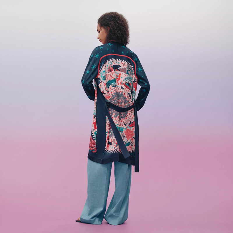 "Sous le Charme d'Orphee" long twillaine cardigan in printed silk twill (100% silk), $3,475. Photo via Hermes.com.