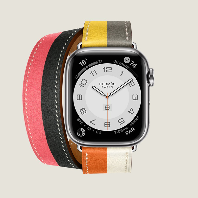 Apple Watch Hermès Series 8 case in stainless steel 41 mm & Double tour band in Jaune de Naples/Gris Meyer/Orange/Blanc/Rose Azalee/Noir Swift calfskin, $1509. Photo via Hermes.com.