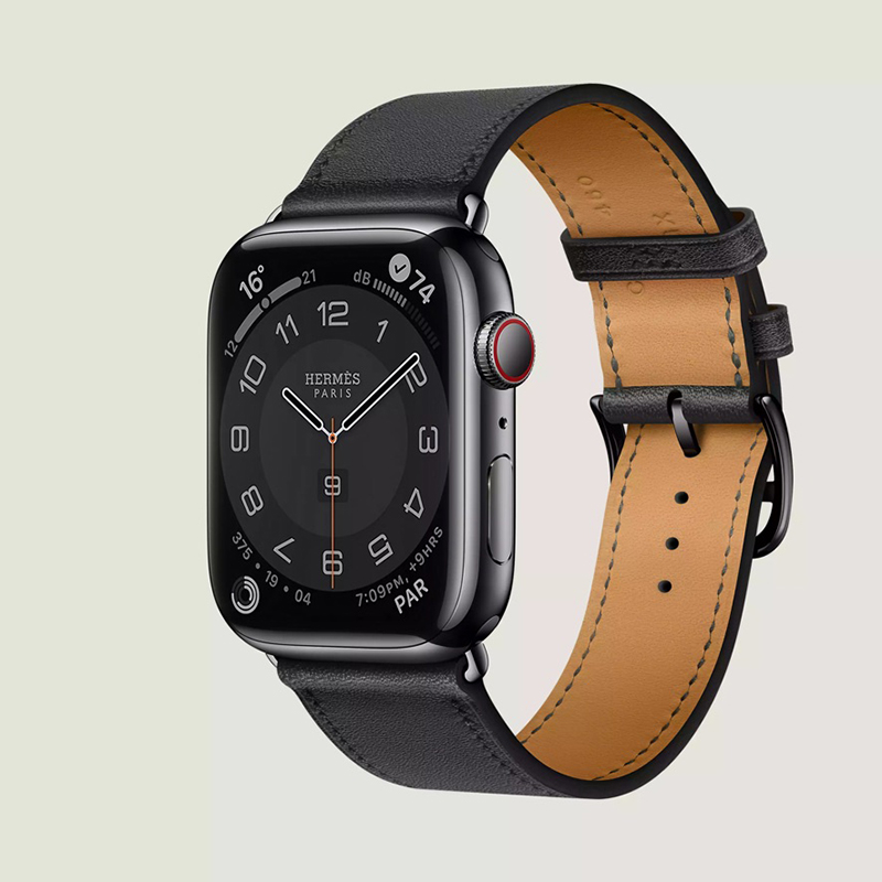 Apple Watch Hermès Series 8 case in Space Black stainless steel 45 mm & Single tour band in Noir Swift calfskin, $1299. Photo via Hermes.com.