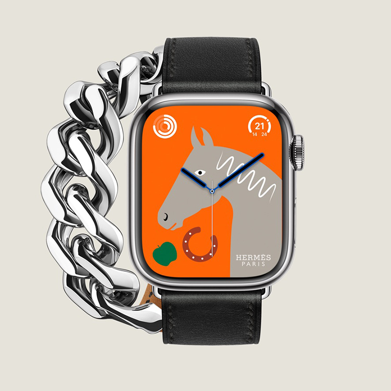 Apple Watch Hermès Series 8 case in stainless steel 41 mm & double tour band in Noir Swift calfskin and stainless steel, $1759. Photo via Hermes.com.