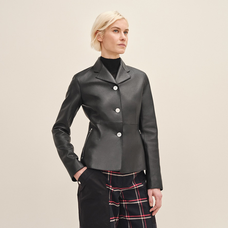 Equestrian jacket in grained goatskin (100% goatskin), Clou de Selle engraved palladium-plated buttons, palladium-plated zips, pull-tabs and Clou de Selle engraved palladium-plated rivets, lining with "H passant" motif, $7,050. Photo via Hermes.com.